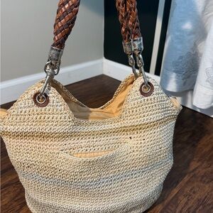 The Sak Cream Woven Shoulder Bag with Braided Brown Handles